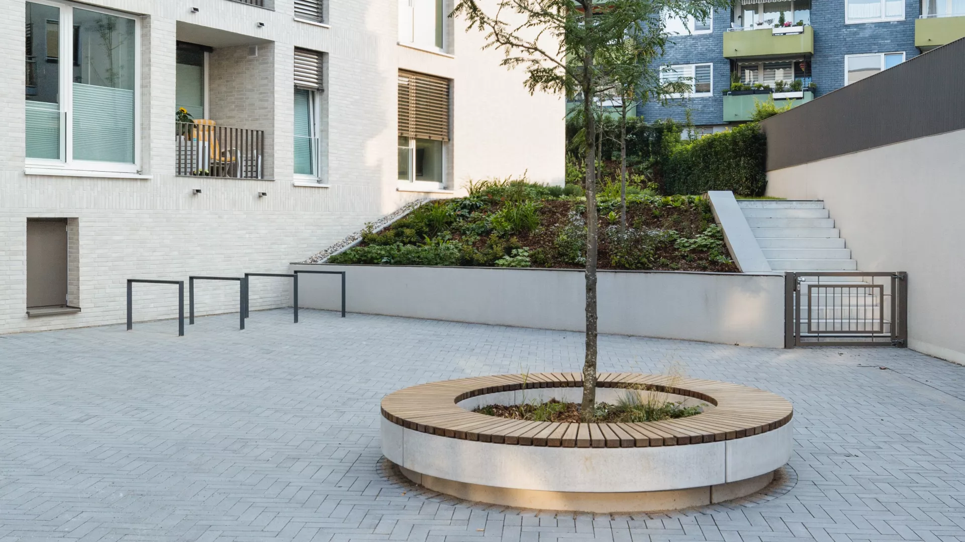 Radiale Sitzbank mit Holzauflage und Lichtleiste